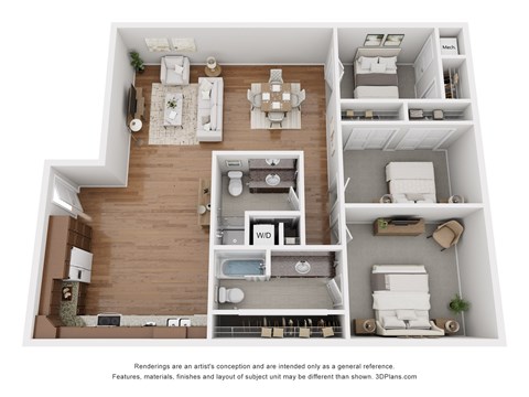 Floor plan for 3 beds, 2 baths, 1247 sqft